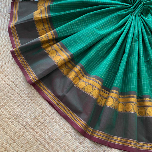 Kanchipuram Cotton Saree, Handwoven Green Saree With Grand Pallu