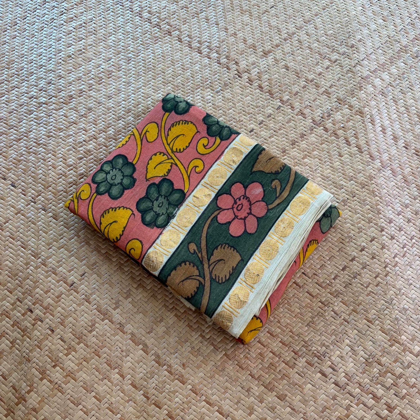 Peach Kalamkari Hand Painted on Cotton Sungudi Saree With Blouse