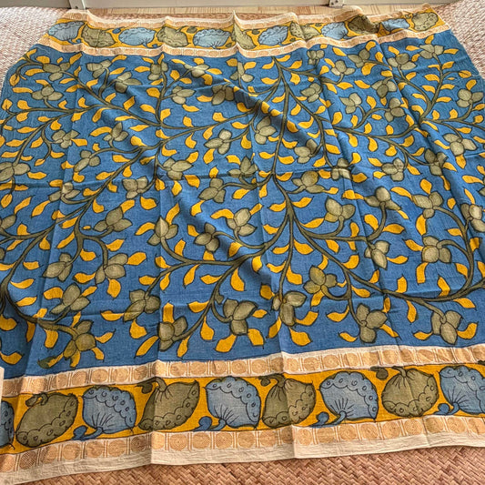 Blue Floral, Kalamkari Hand Painted on a Madurai Sungudi Cotton 1.20 METER FABRIC