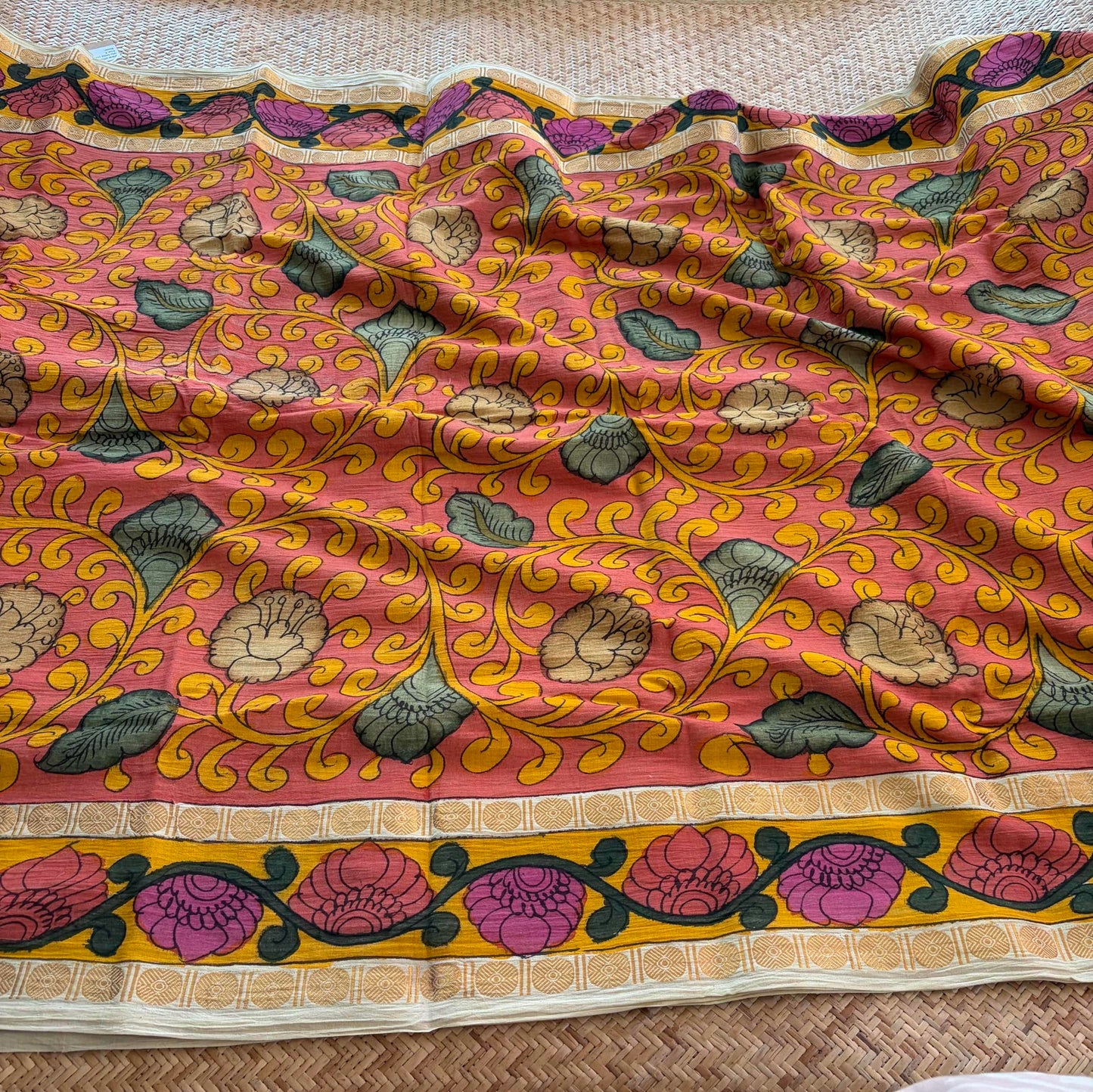 Peach Kalamkari Hand Painted on Cotton Sungudi Saree With Blouse