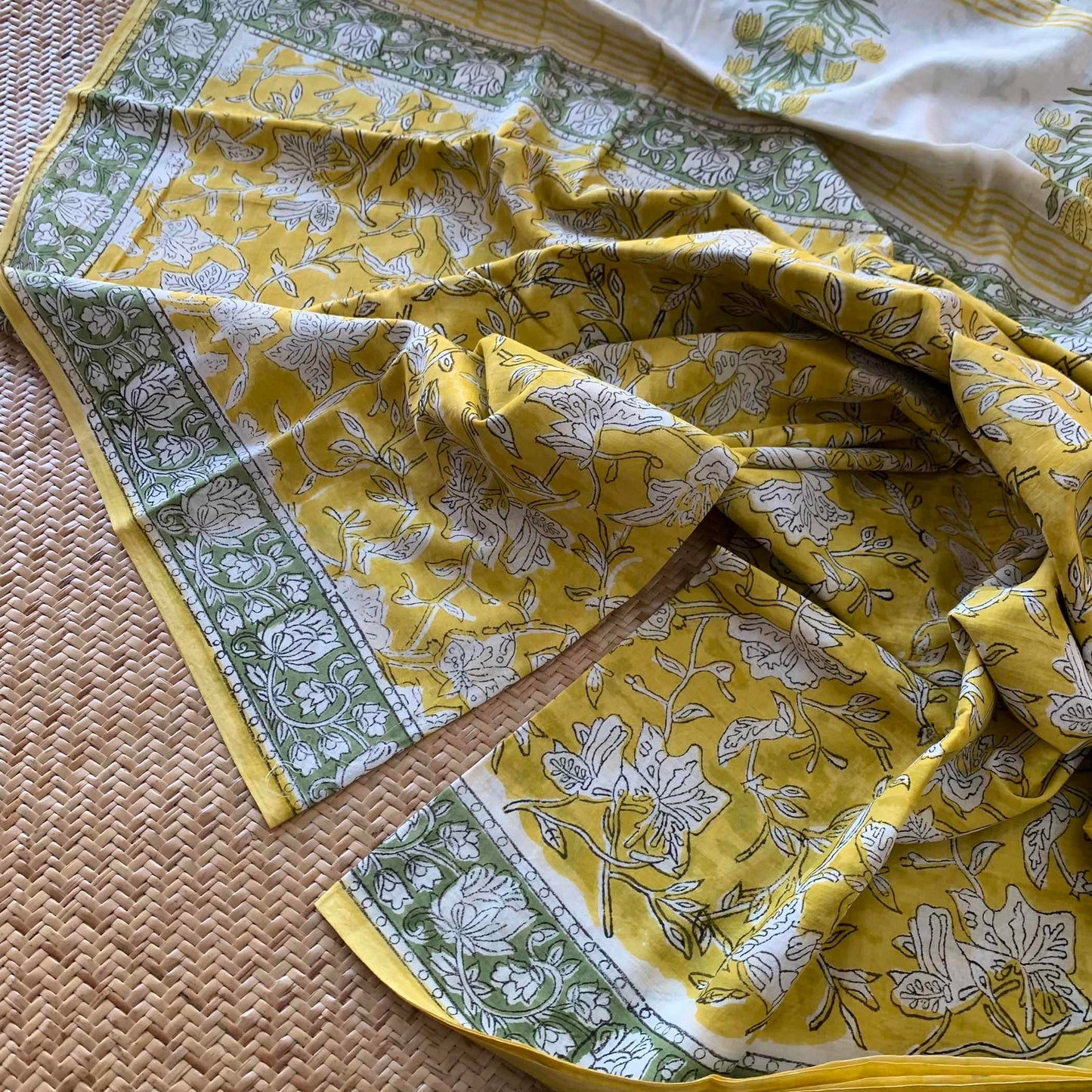Mul Mul Cotton saree, Hand Block Printed, Yellow