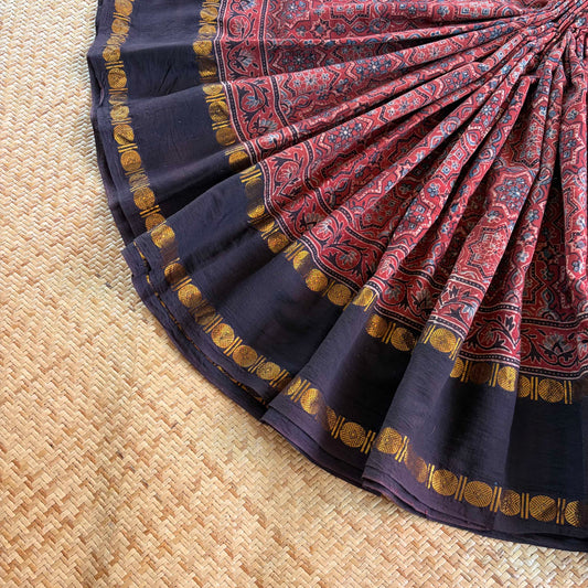 Star Madder, Ajrak Hand Block Printed On Madurai Cotton Saree With Zari