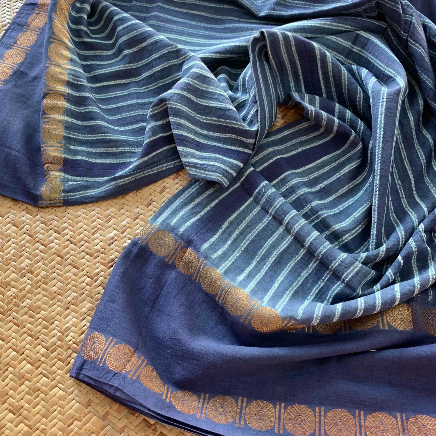 Lines - Denim Blue, Hand Crafted Shibori Sungudi Cotton Saree