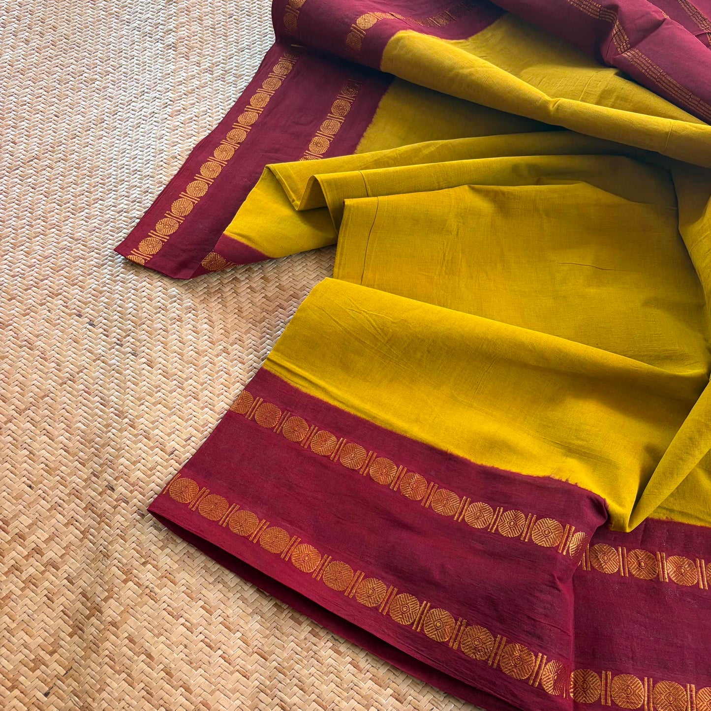 Mustard Saree With Running Blouse , Zari Rudraksham Rettai Pettu Border , Clamp dyed (Kattu sayam)
