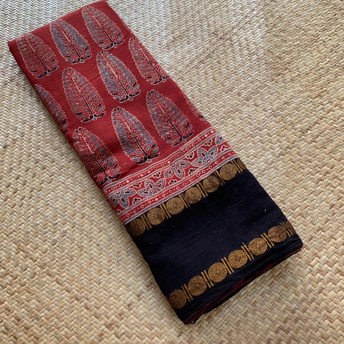 Pinecone-Manjistha, Ajrak Hand Block Printed On Madurai Cotton Saree With Zari