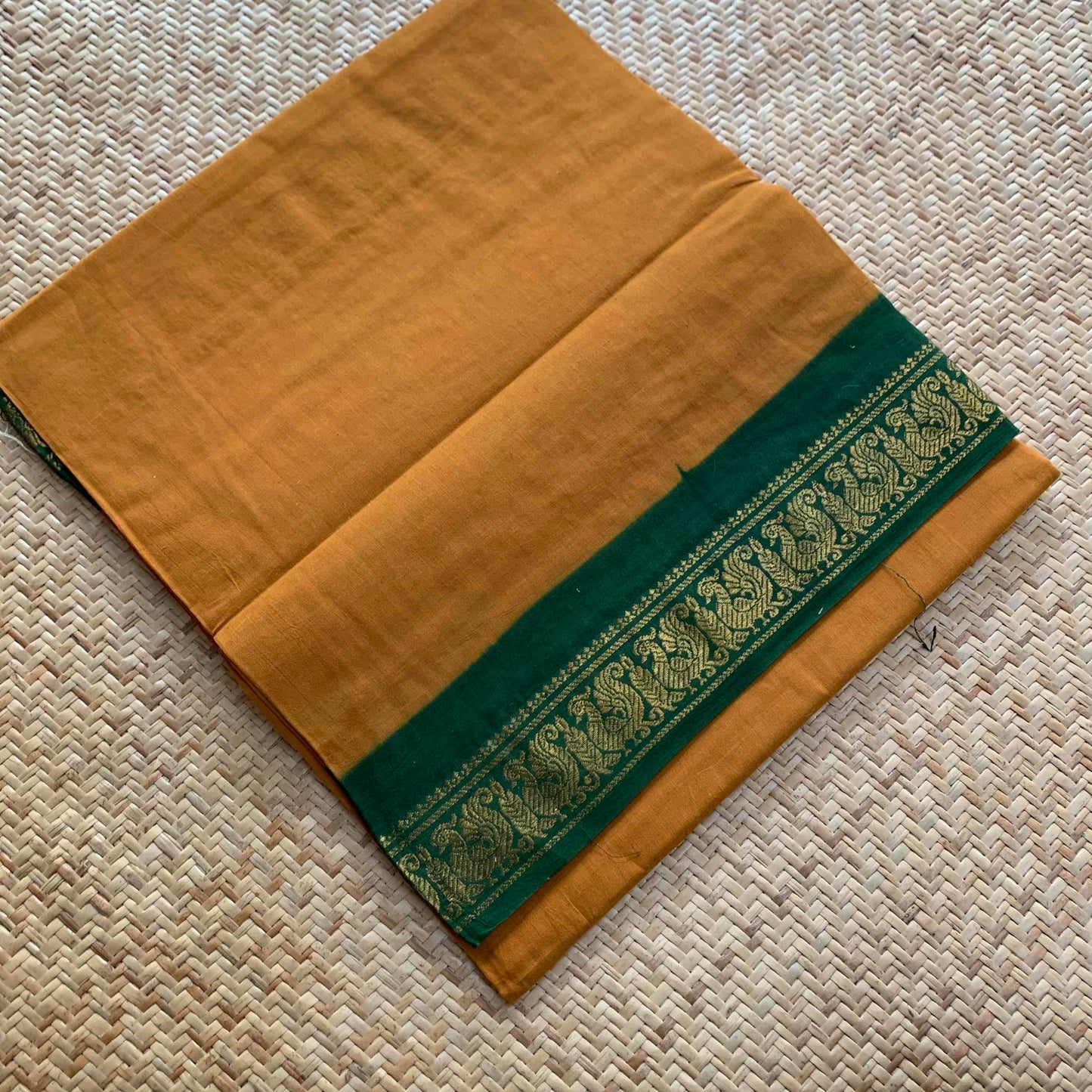 Mustard Saree With Green Half Fine Zari Border, Clamp dyed (Kattu sayam).