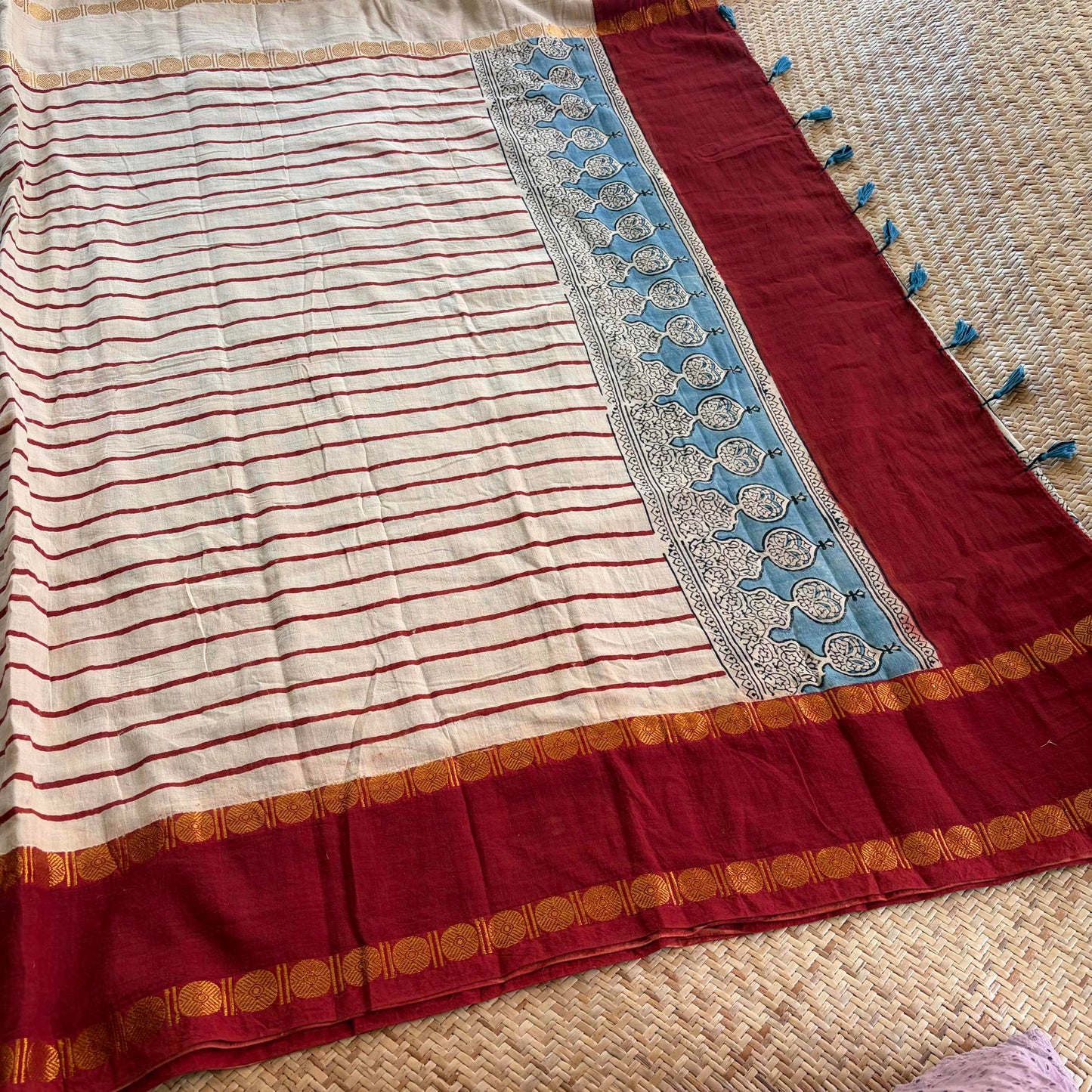 Off White Stripes, Ajrak Hand Block Printed On Madurai Cotton Saree With Zari
