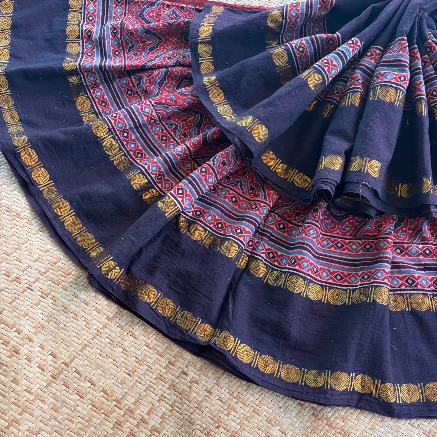 Madder, Ajrak Hand Block Printed On Madurai Cotton Saree With Zari