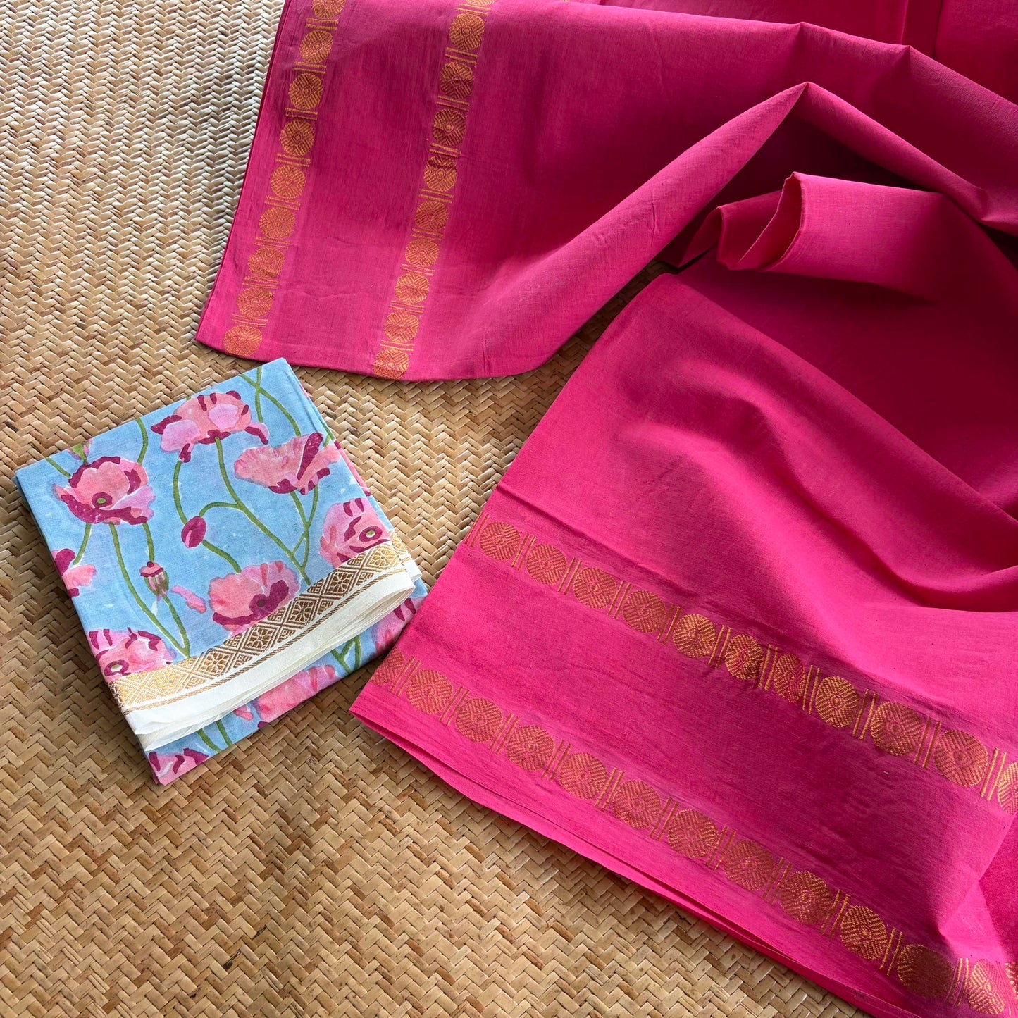 Pink Saree With Hand Block Printed Blouse , Zari Rudraksham Rettai Pettu Border , Clamp dyed (Kattu sayam)