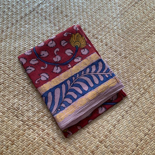 Maroon Floral, Kalamkari Hand Painted on a Madurai Sungudi Cotton CUT FABRIC
