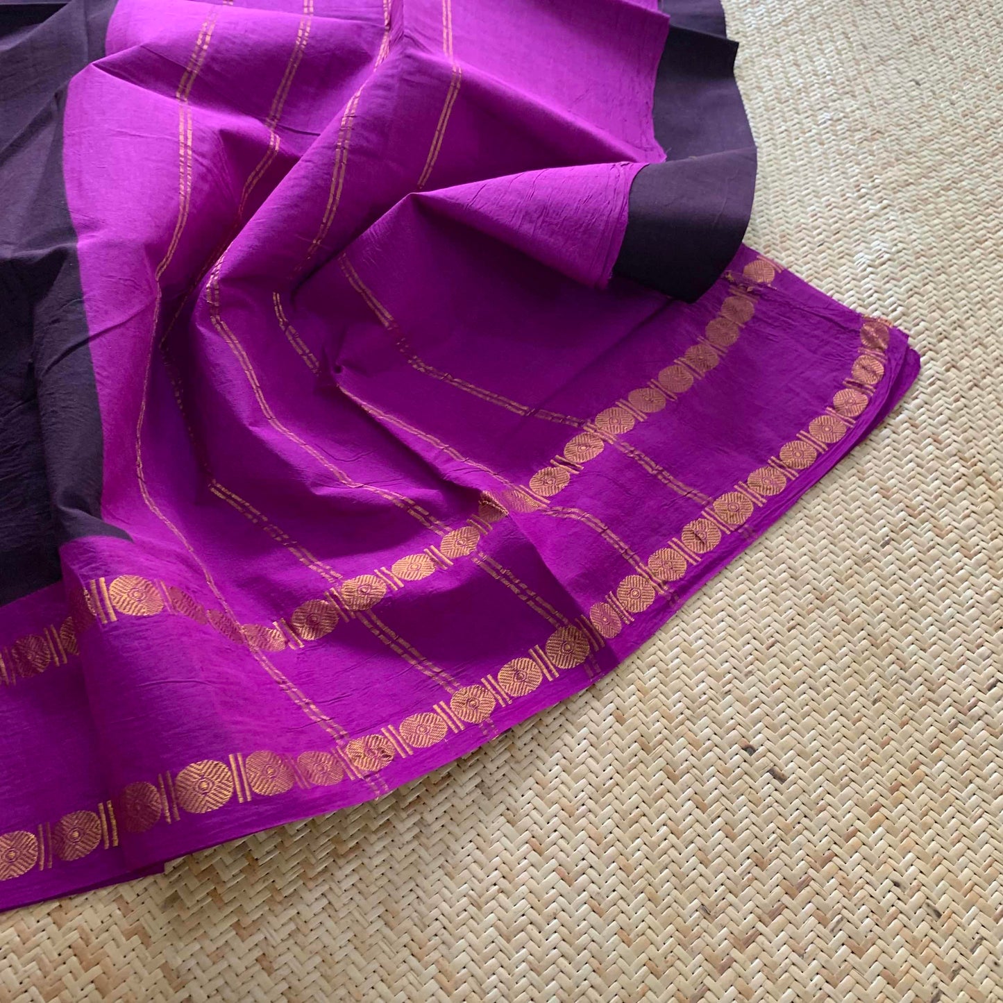 Beetle Nut brown Saree Purple Border, Zari Rudrasham Rettai Pettu Border , Clamp dyed (Kattu sayam).