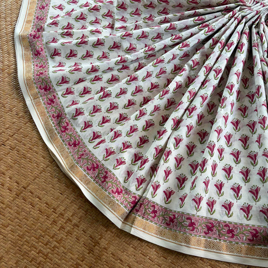 White, Jaipur Hand Block Printed On Madurai Cotton Saree With Zari