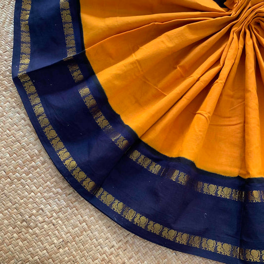 Yellow Saree With Navy Border, Zari Annam Rettai Pettu Border , Clamp dyed (Kattu sayam).