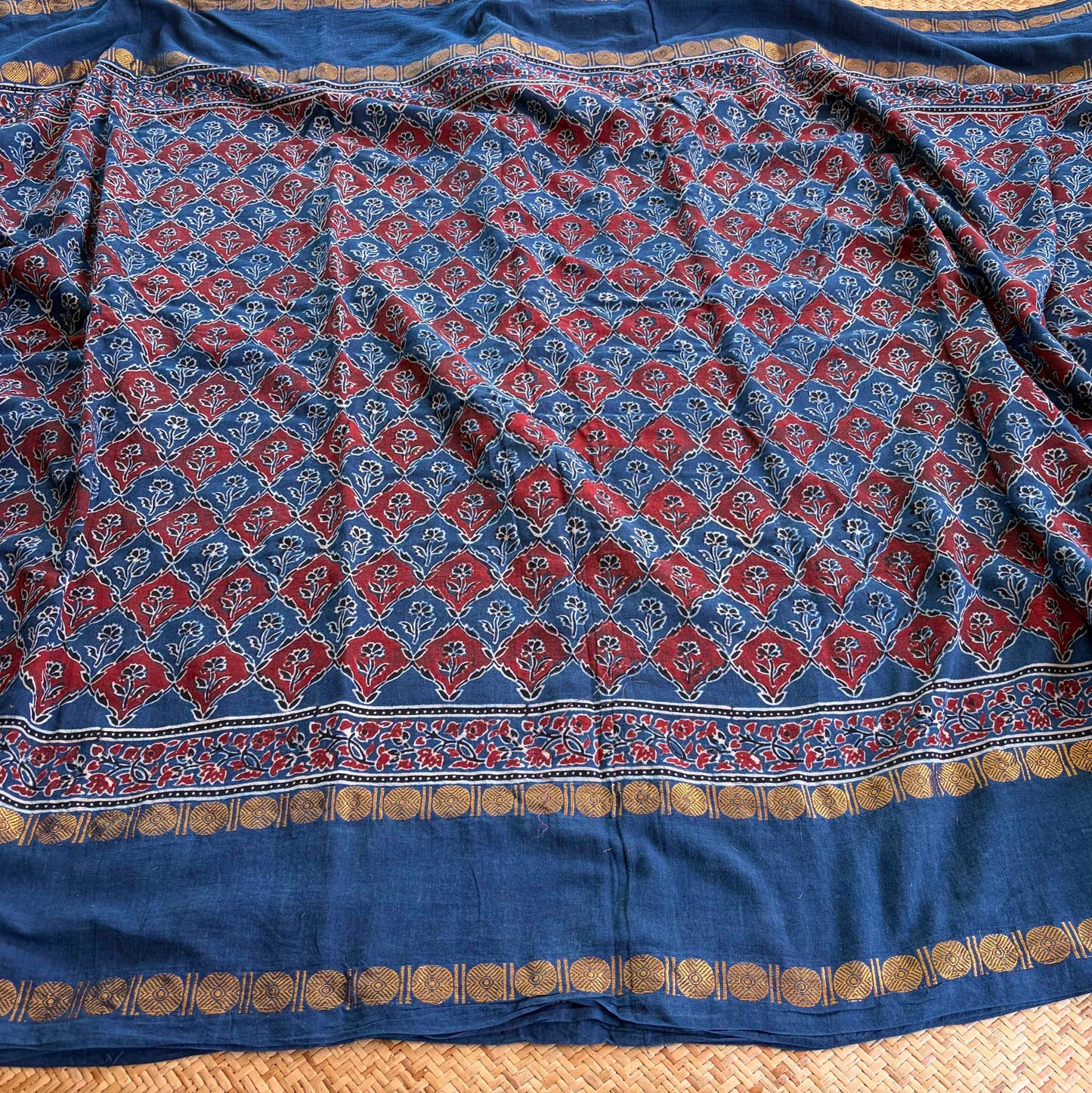 Indigo, Ajrak Hand Block Printed On Madurai Cotton Saree With Zari