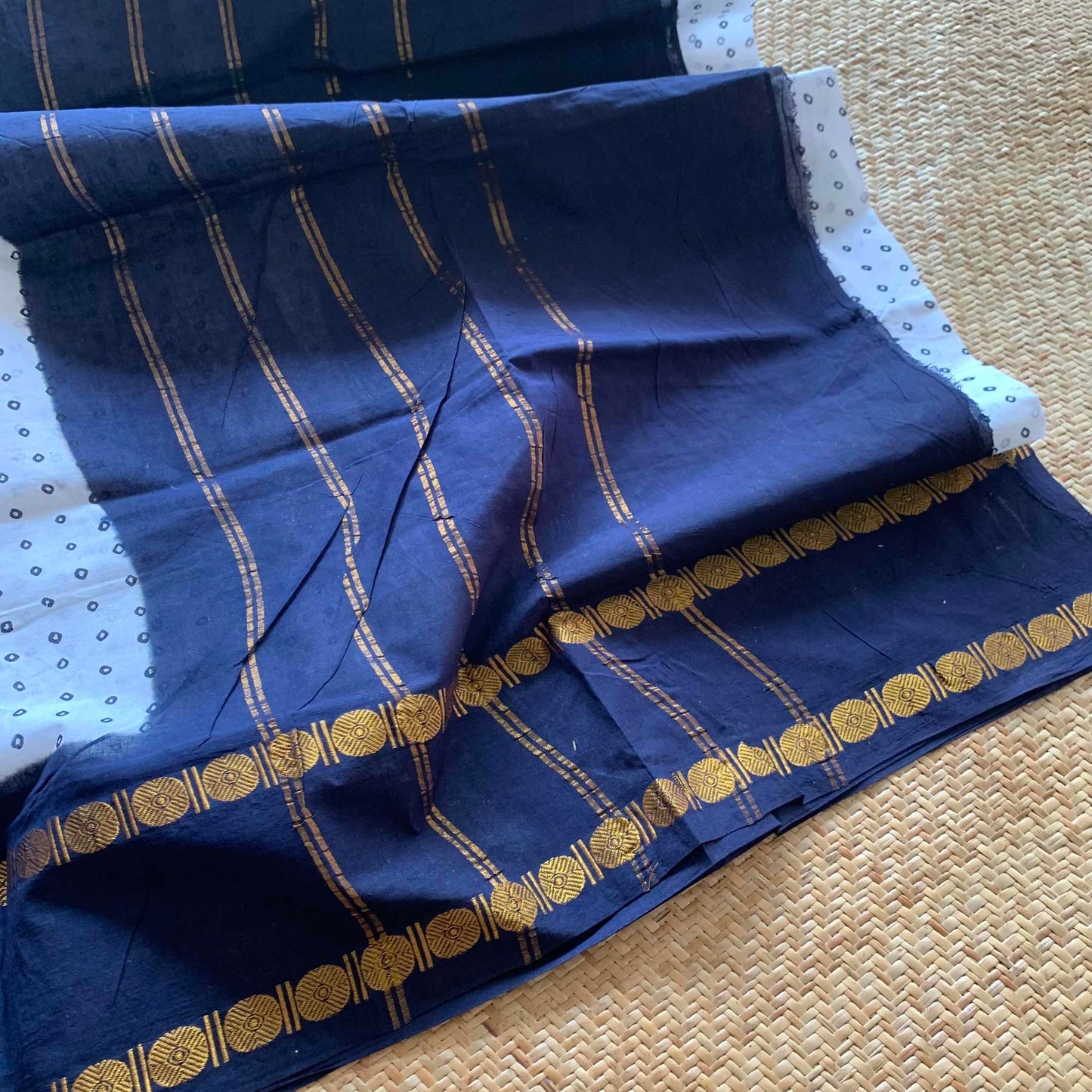 Navy Blue Rudraksham Border With Block Print, Sungudi Saree