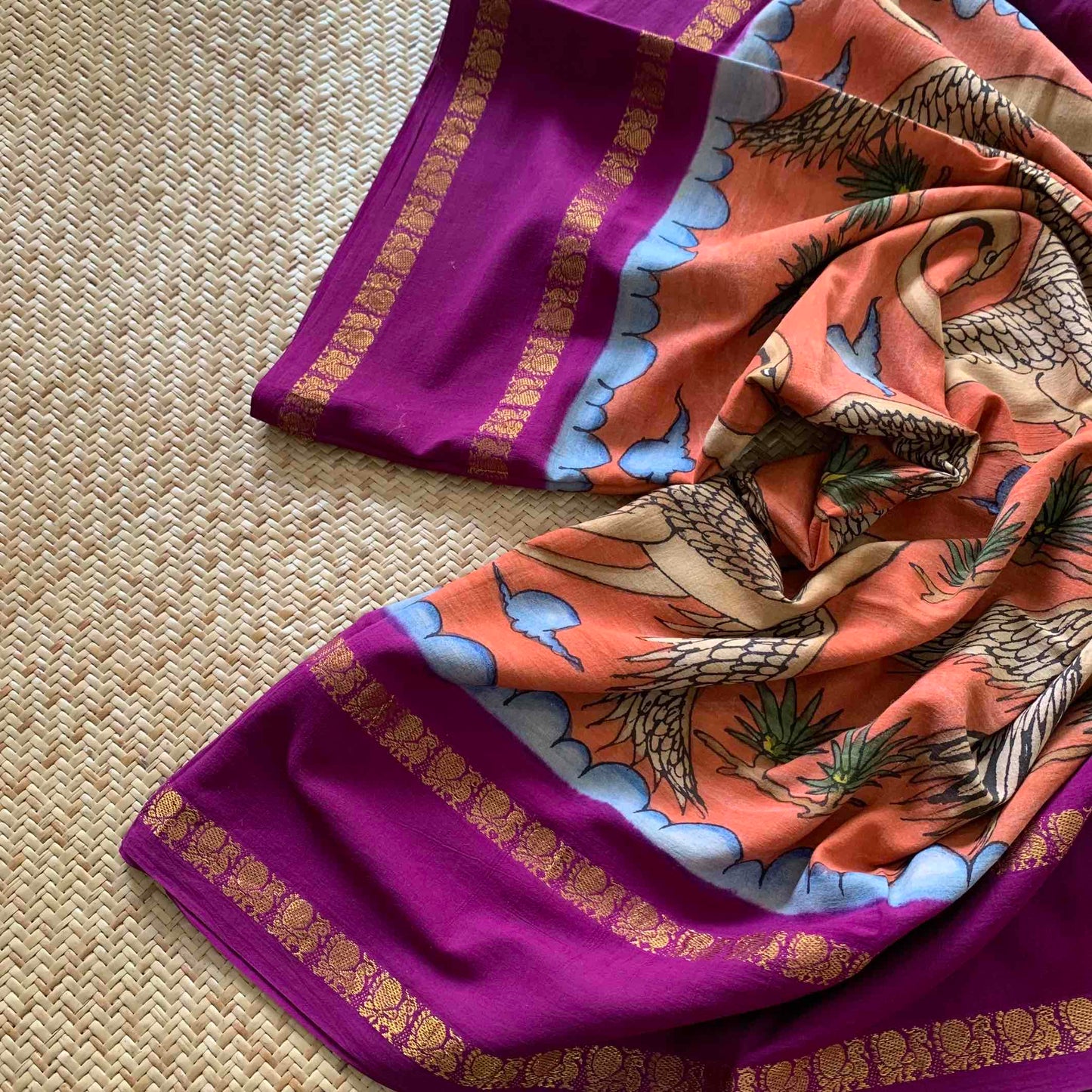 Crane, Kalamkari Hand Painted on a Madurai Sungudi Cotton saree.