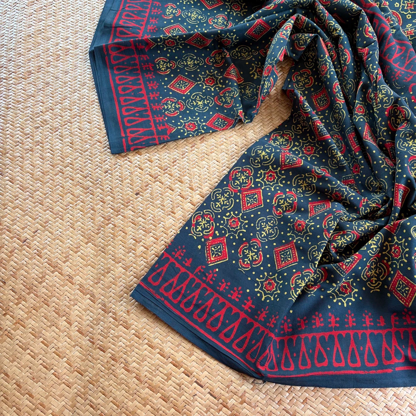 Mul Mul Cotton saree, Hand Block Printed, Green