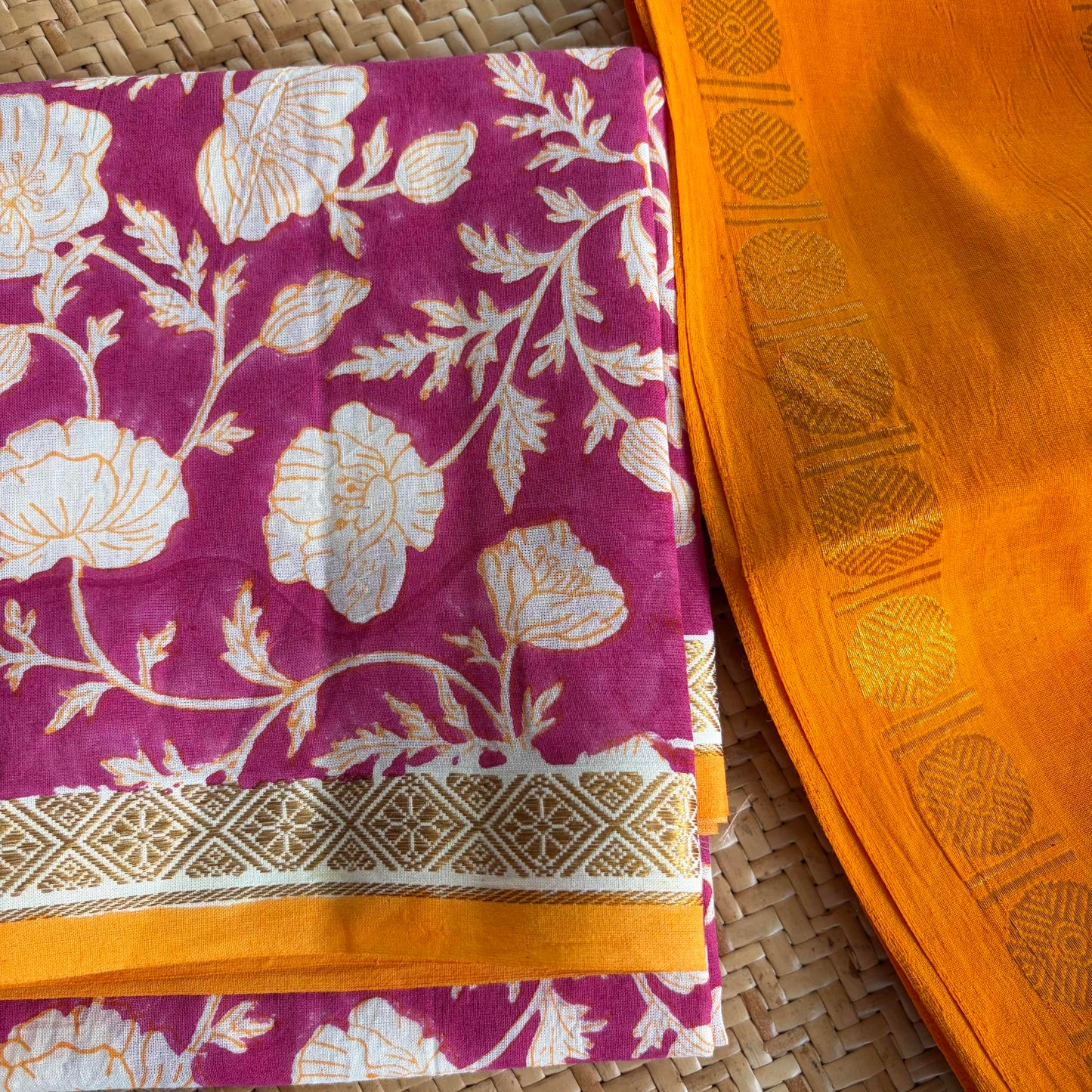 Yellow Saree With Hand Block Printed Blouse , Zari Rudraksham Rettai Pettu Border , Clamp dyed (Kattu sayam)