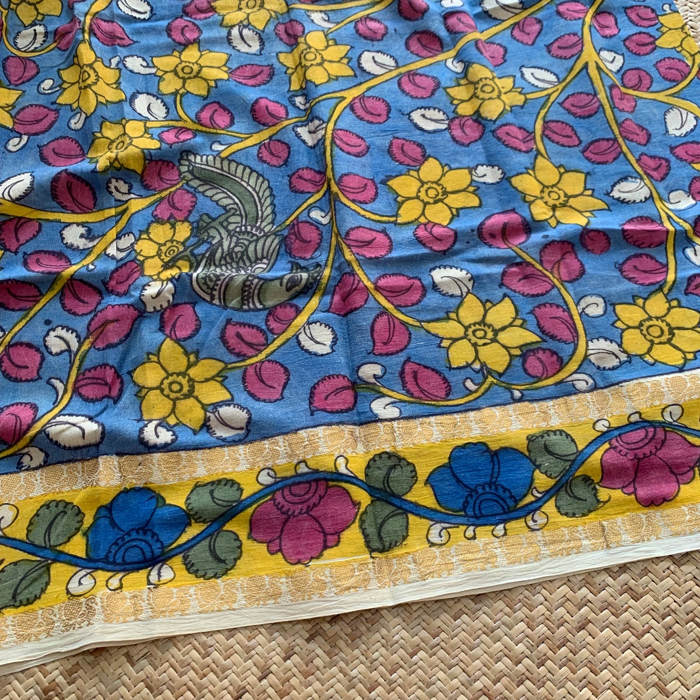 Blue Floral, Kalamkari Hand Painted on a Madurai Sungudi Cotton CUT FABRIC