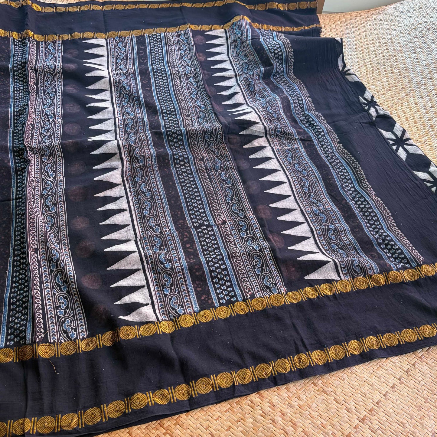 Black, Ajrak Hand Block Printed On Madurai Cotton Saree With Zari
