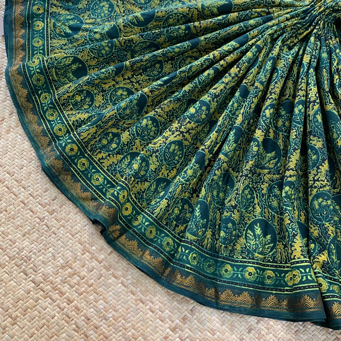 Algae- Green, Ajrak Hand Block Printed On Madurai Cotton Saree With Zari