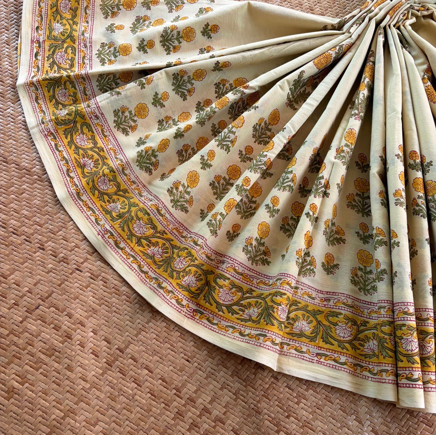 Mul Mul Cotton saree, Hand Block Printed, Pastel Yellow
