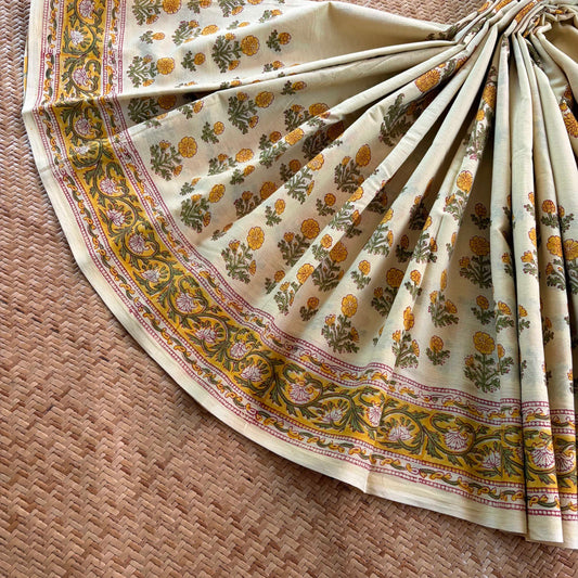 Mul Mul Cotton saree, Hand Block Printed, Pastel Yellow