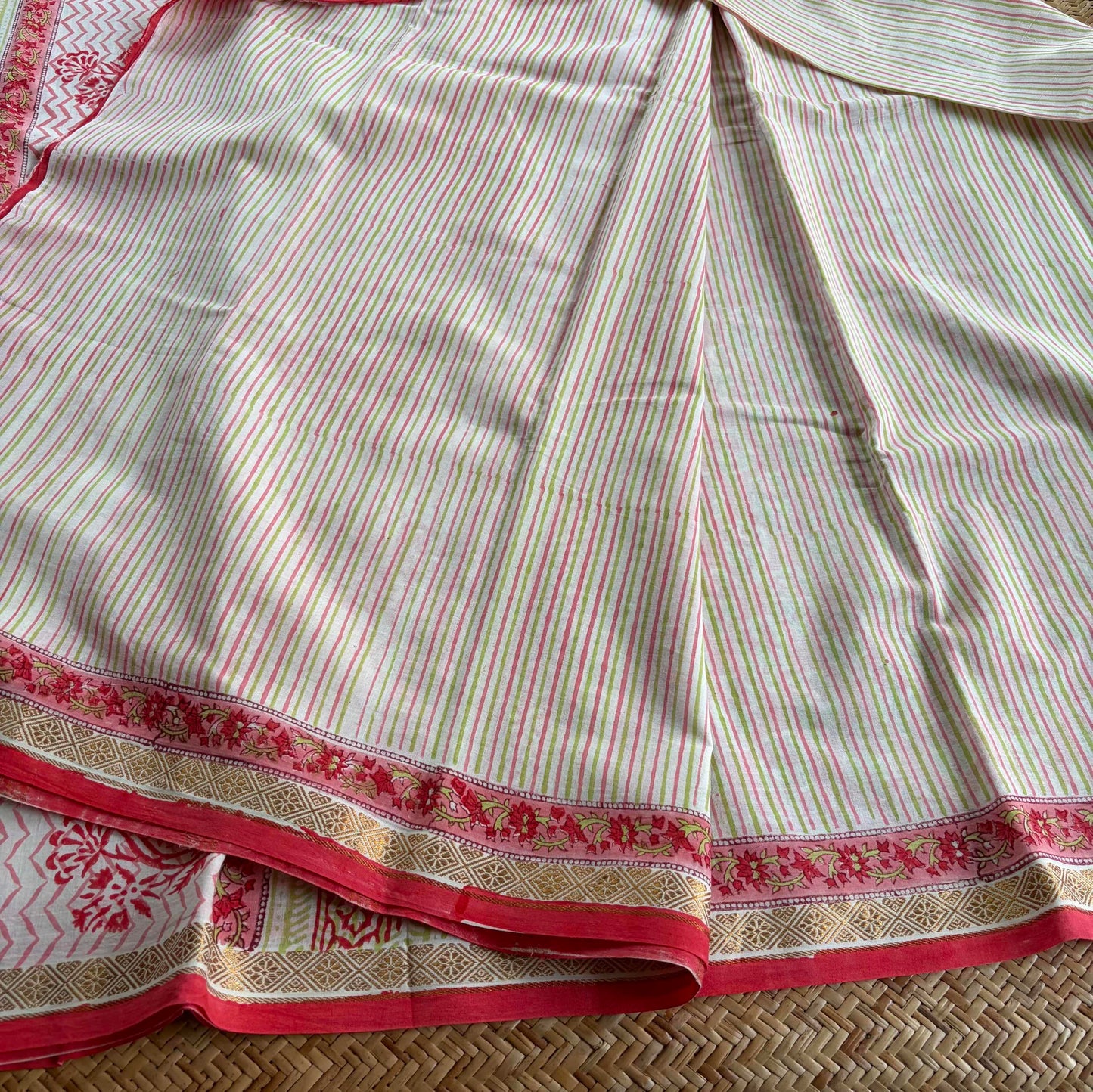 Pink, Jaipur Hand Block Printed On Madurai Cotton Saree With Zari
