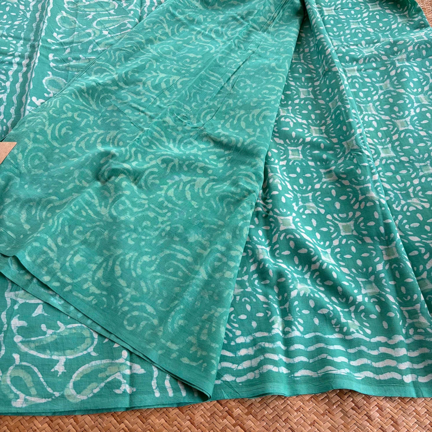 Mul Mul Cotton saree, Hand Block Printed, Aqua