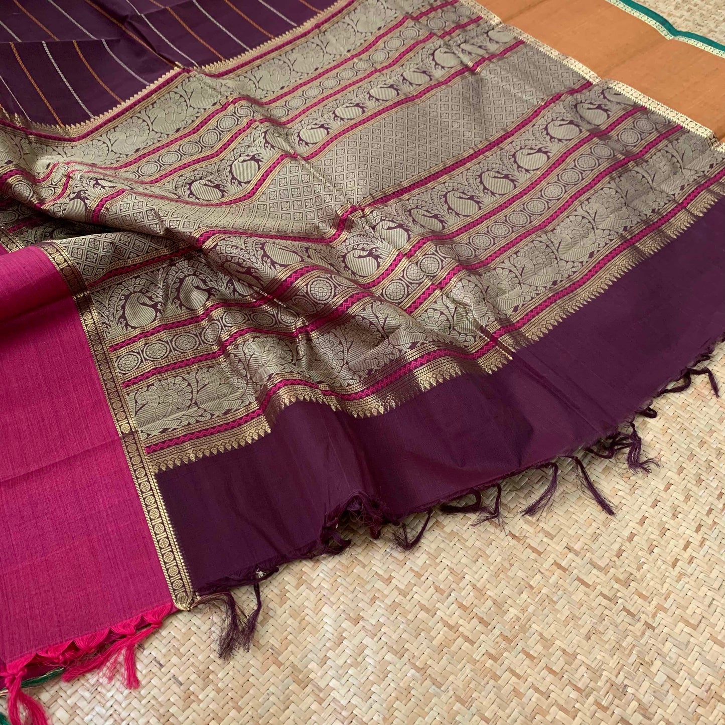 Kanchipuram Cotton Saree, Handwoven Brown Velthari Saree with Ganga Jamuna Border and Grand Pallu