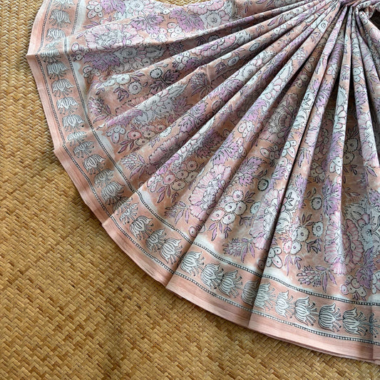 Mul Mul Cotton saree, Hand Block Printed, Pastel Peach