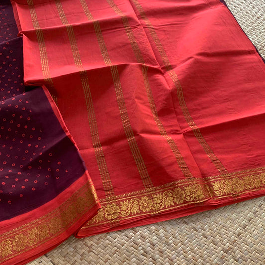 Maroon  Saree With Orange Wax Print, Half Fine Zari Premium Sungudi Cotton Sarees