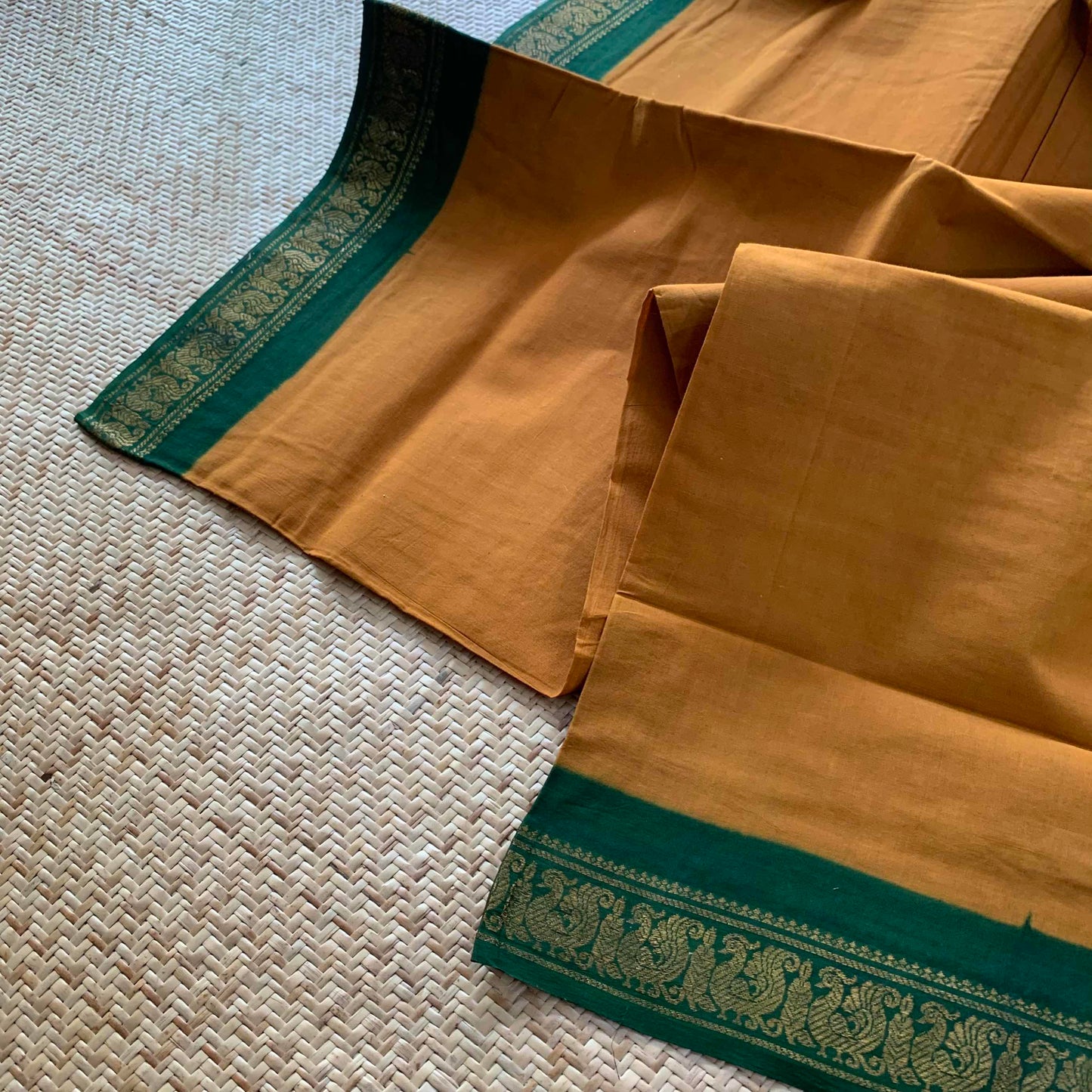 Mustard Saree With Green Half Fine Zari Border, Clamp dyed (Kattu sayam).