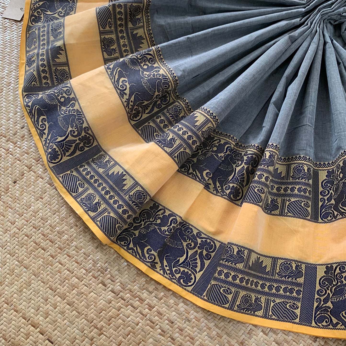 Grey with Yellow Thread Border, Chettinadu Cotton Saree