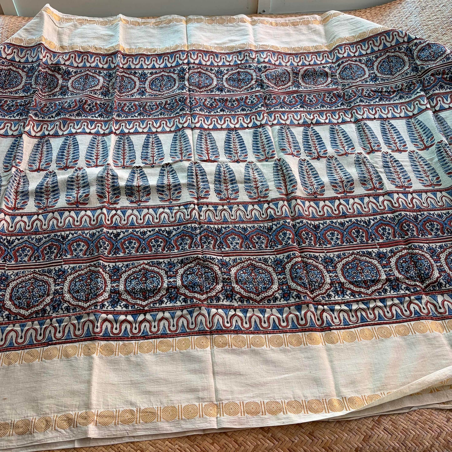 Pinecone-Cream , Ajrak Hand Block Printed On Madurai Cotton Saree With Zari