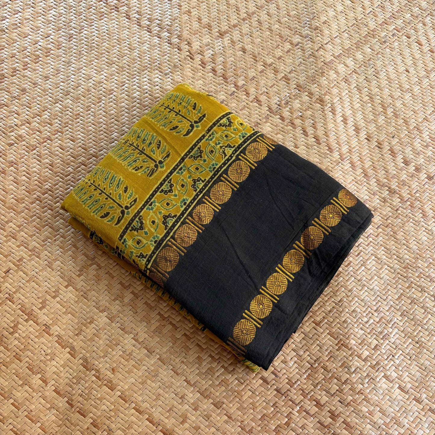 Mustard, Ajrak Hand Block Printed On Madurai Cotton Saree With Zari