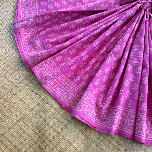 Mul Mul Cotton saree, Hand Block Printed, Pink