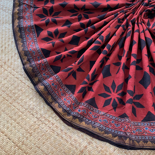 Athangudi Tiles-Red , Ajrak Hand Block Printed On Madurai Cotton Saree With Zari