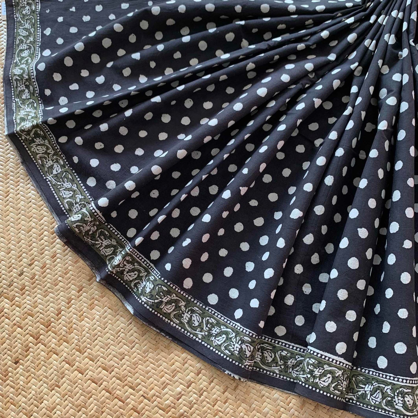 Mul Mul Cotton saree, Hand Block Printed, Black