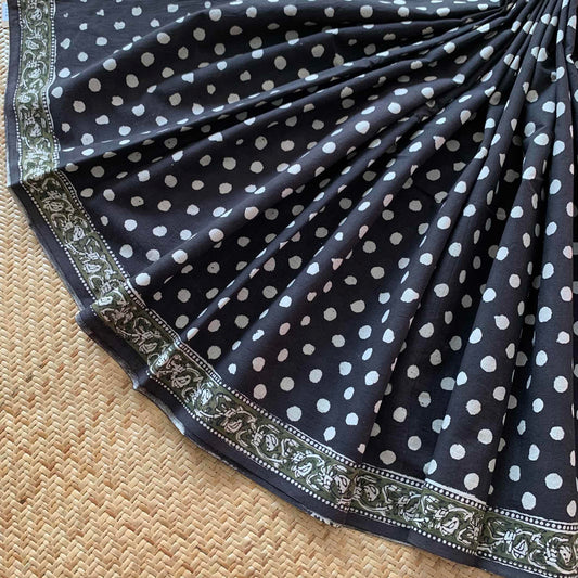 Mul Mul Cotton saree, Hand Block Printed, Black