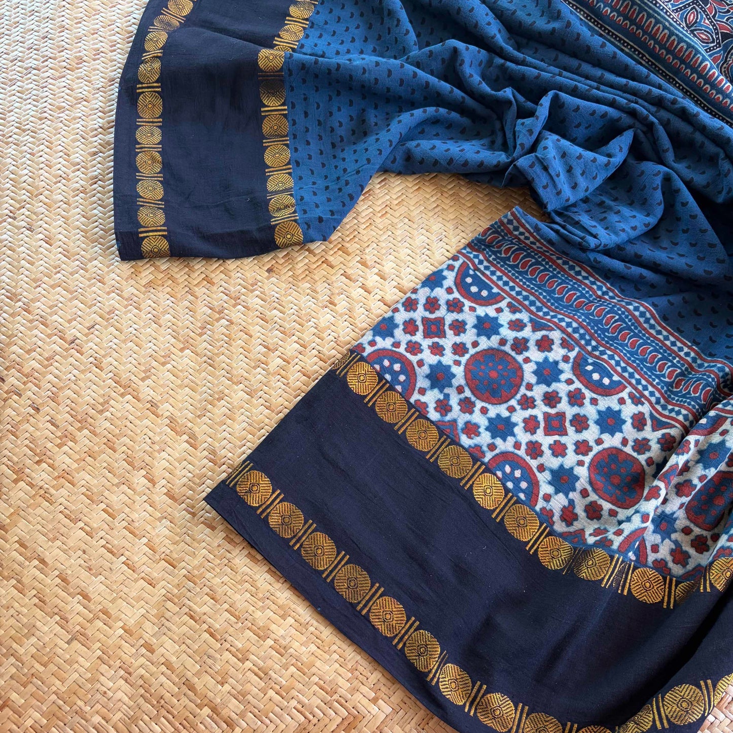 Cloud Indigo, Ajrak Hand Block Printed On Madurai Cotton Saree With Zari