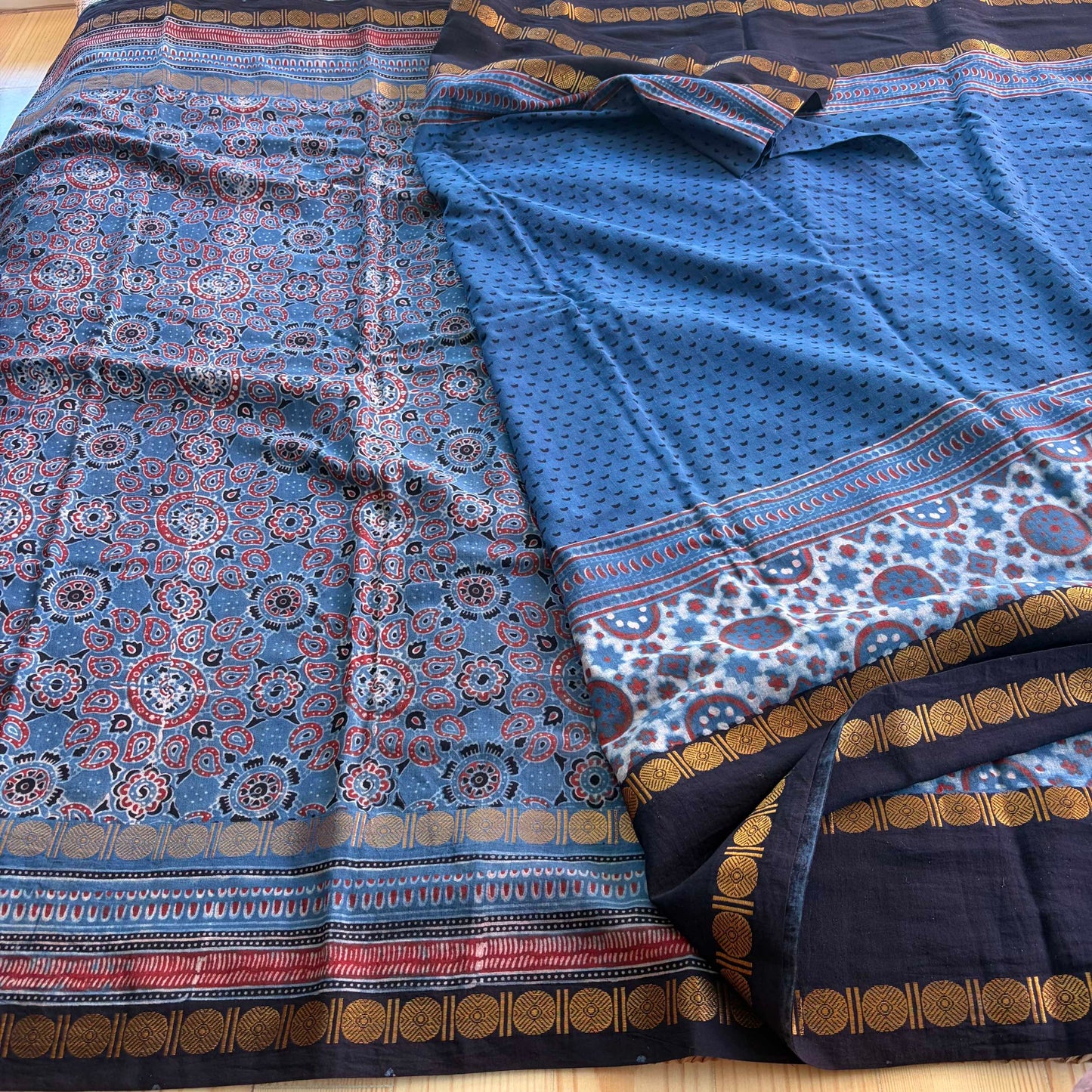 Cloud Indigo, Ajrak Hand Block Printed On Madurai Cotton Saree With Zari