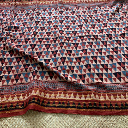 Triangles-Manjistha, Ajrak Hand Block Printed On Madurai Cotton Saree With Zari