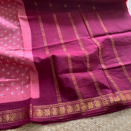 Pink With Maroon Wax Print, Half Fine Zari Premium Sungudi Cotton Sarees