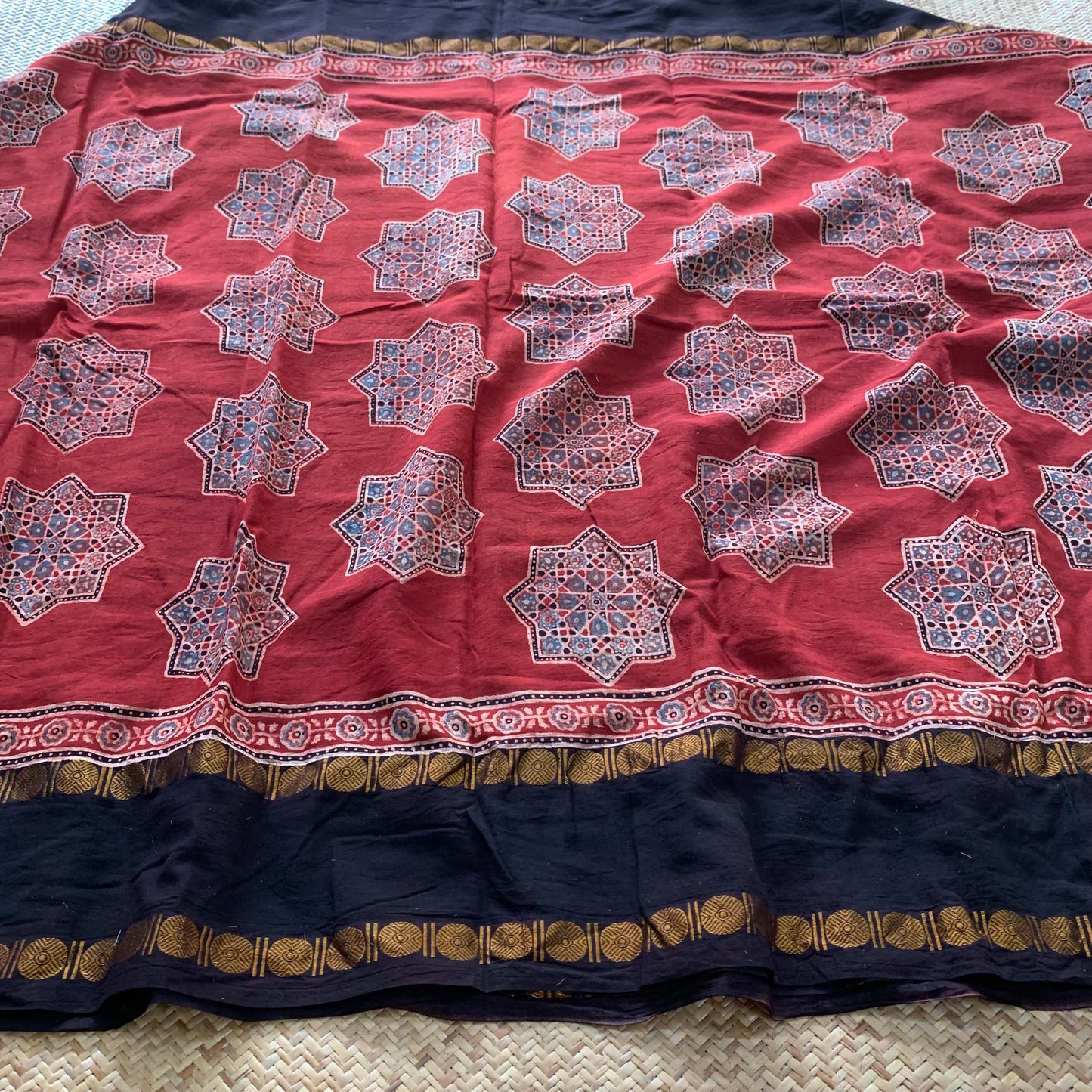 Star-Manjistha, Ajrak Hand Block Printed On Madurai Cotton Saree With Zari