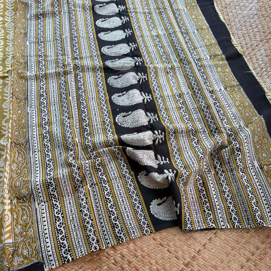 Mul Mul Cotton saree, Hand Block Printed, Yellow