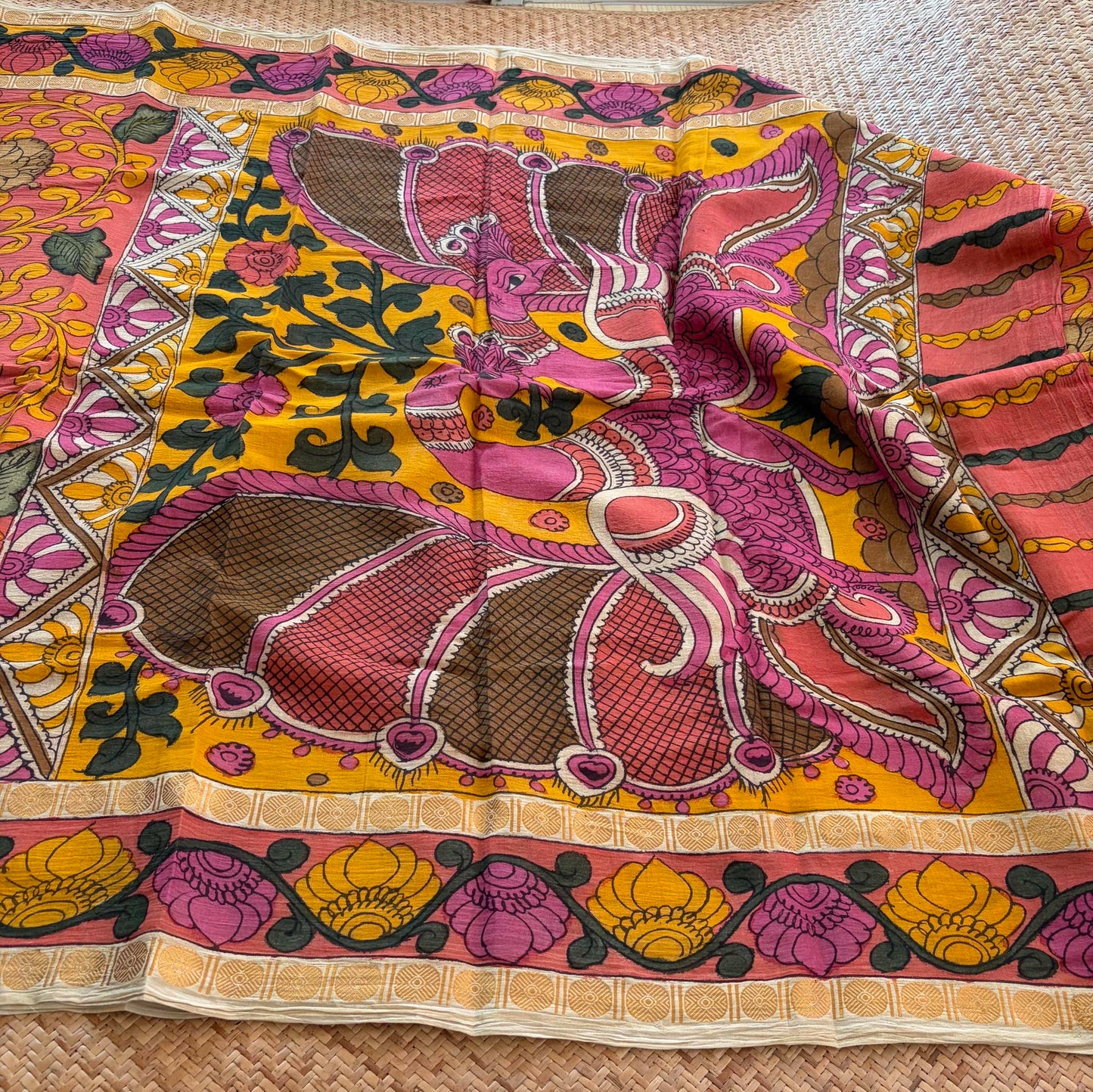 Peach Kalamkari Hand Painted on Cotton Sungudi Saree With Blouse