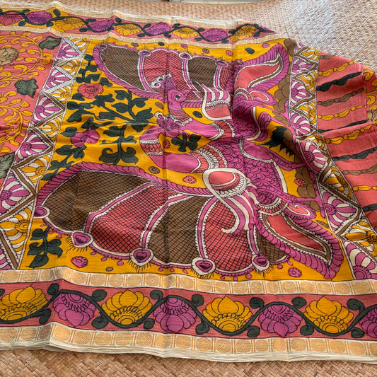 Peach Kalamkari Hand Painted on Cotton Sungudi Saree With Blouse