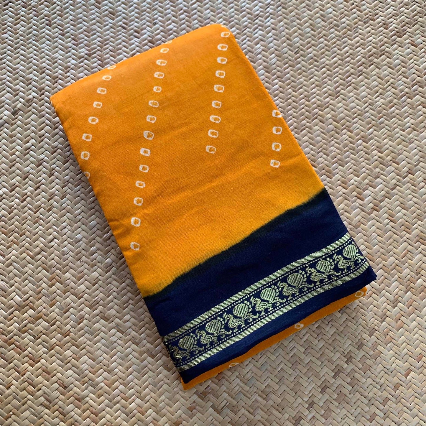 Yellow Saree With Blue Border , Hand knotted Sungudi On a Hand woven Cotton saree, Kaikattu Sungadi