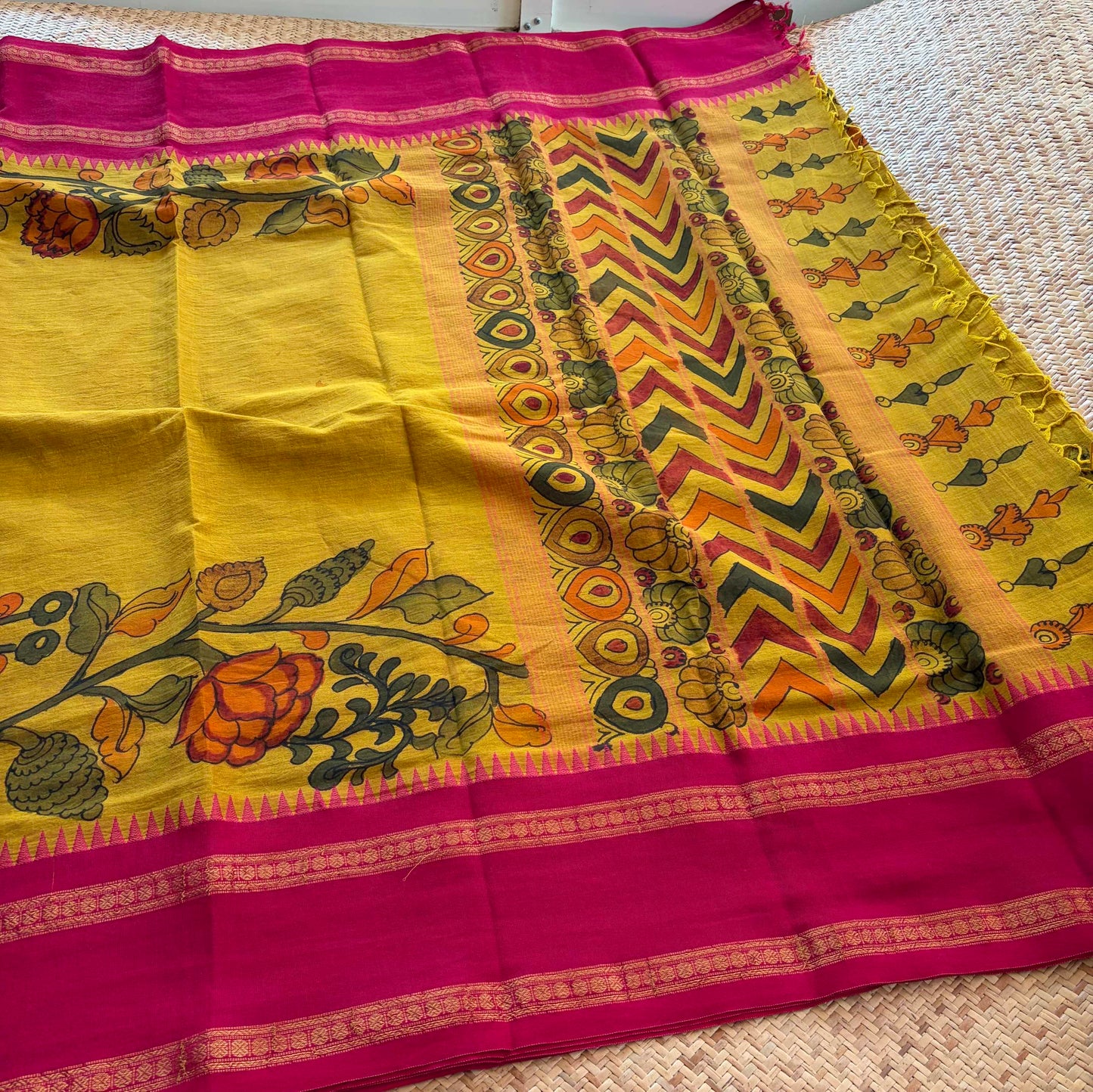 Olive Green Kalamkari Hand Painted on Chettinad Cotton saree